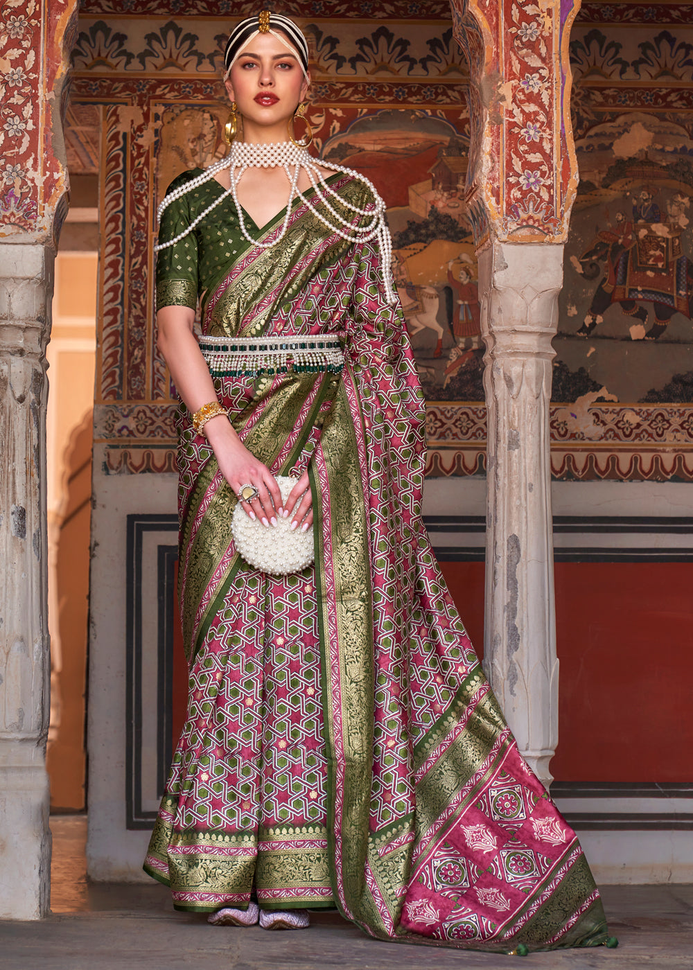 Contessa Pink and Green Printed Patola Soft Silk Saree