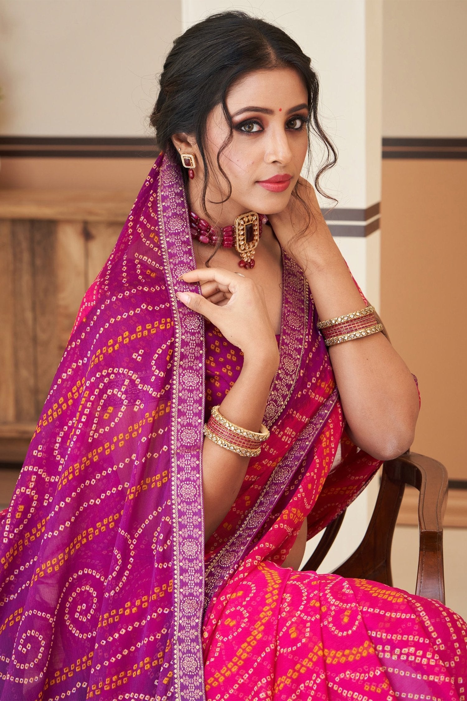 Hibiscus Pink Chiffon Bandhani saree