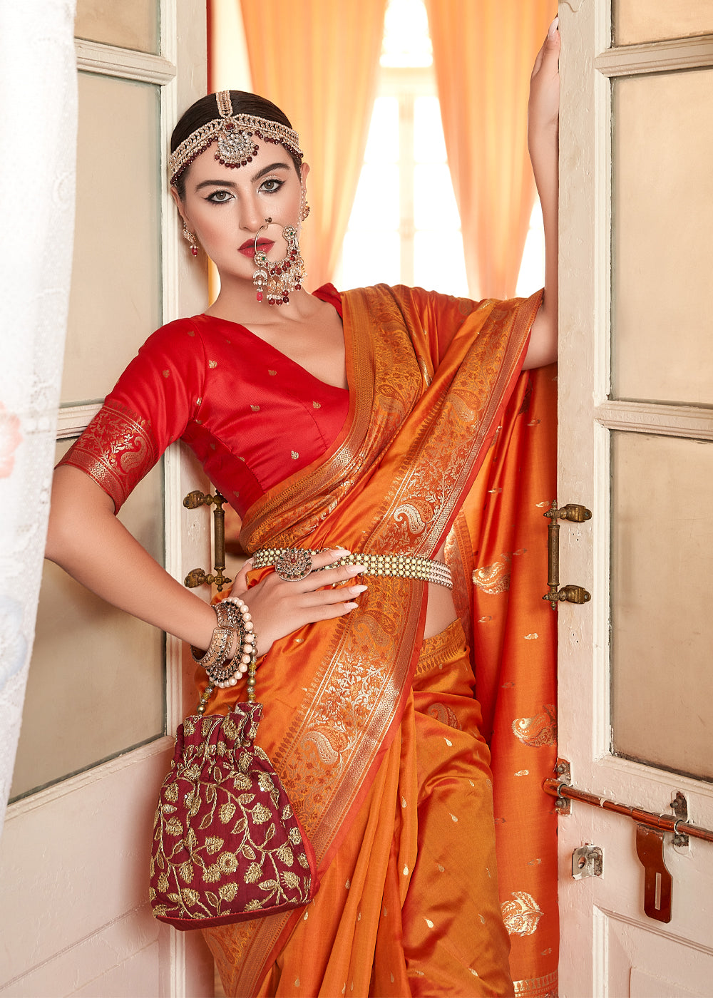 Jaffa Orange Woven Banarasi Soft Silk Saree