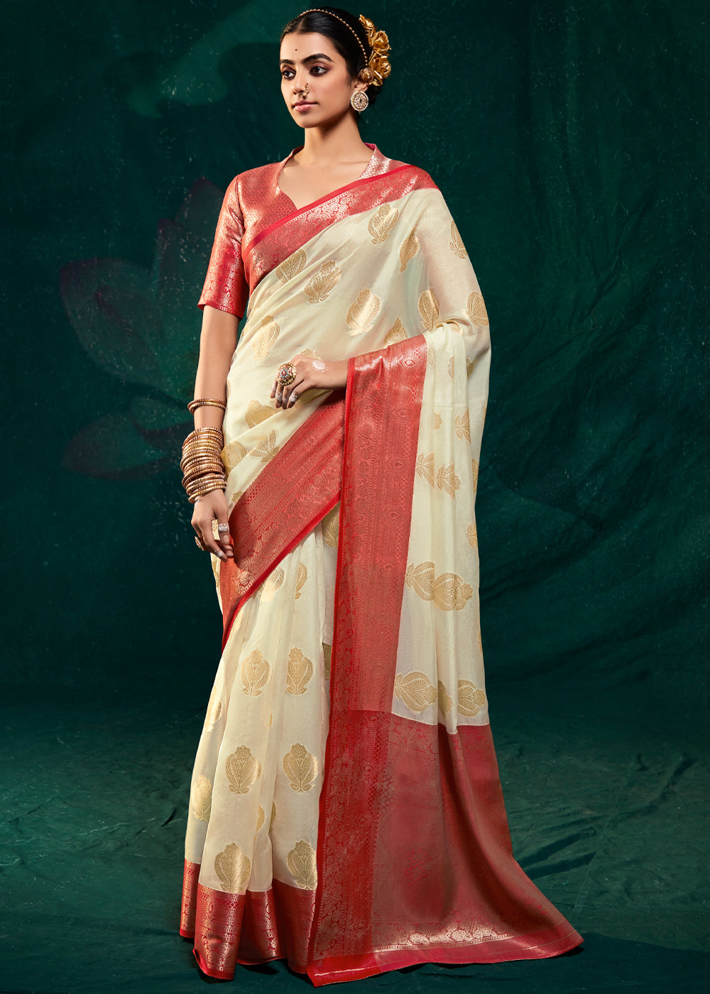 Stark Cream Woven Banarasi Organza Silk Saree