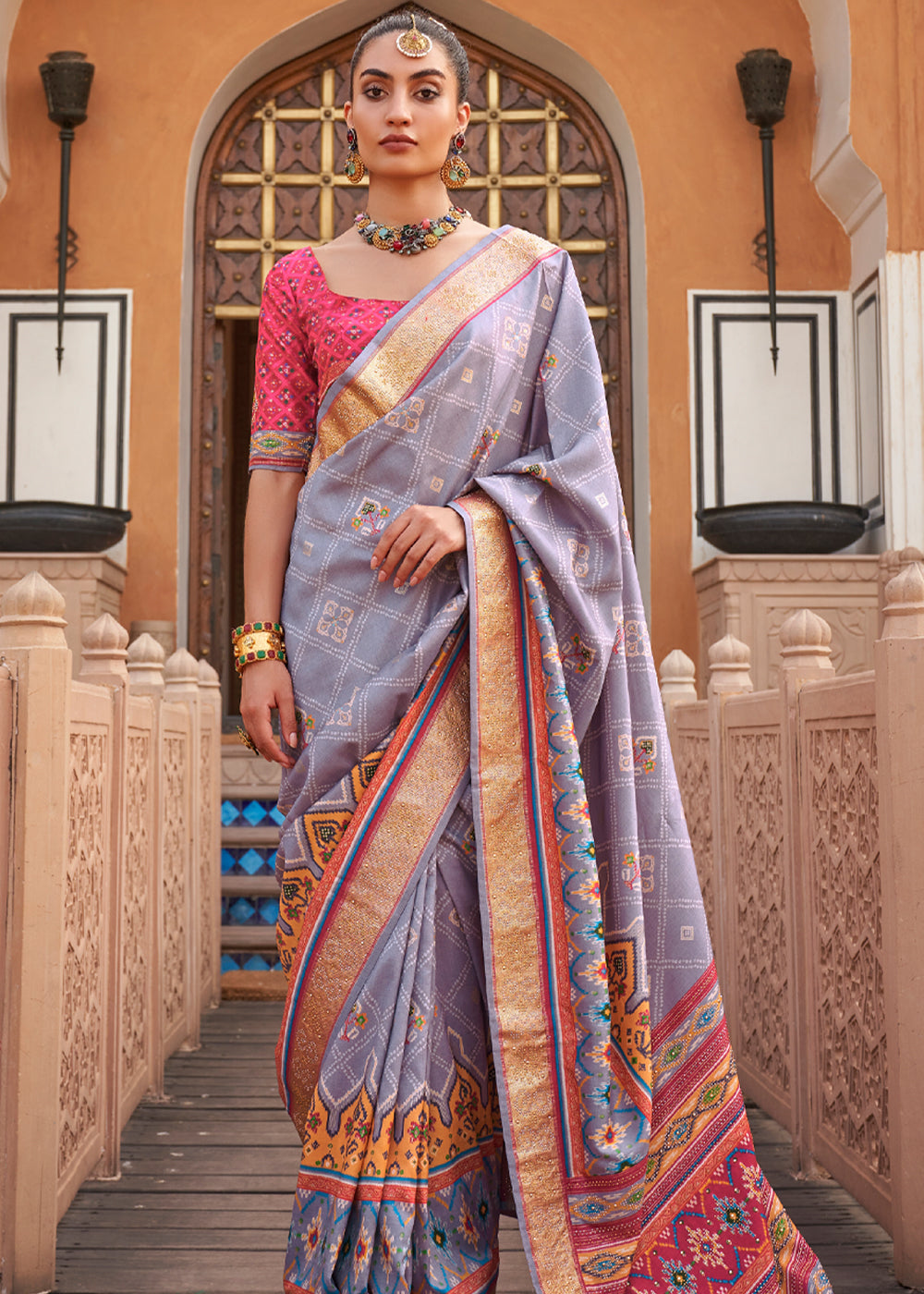 Amethyst Smoke Printed Woven Patola Silk Saree