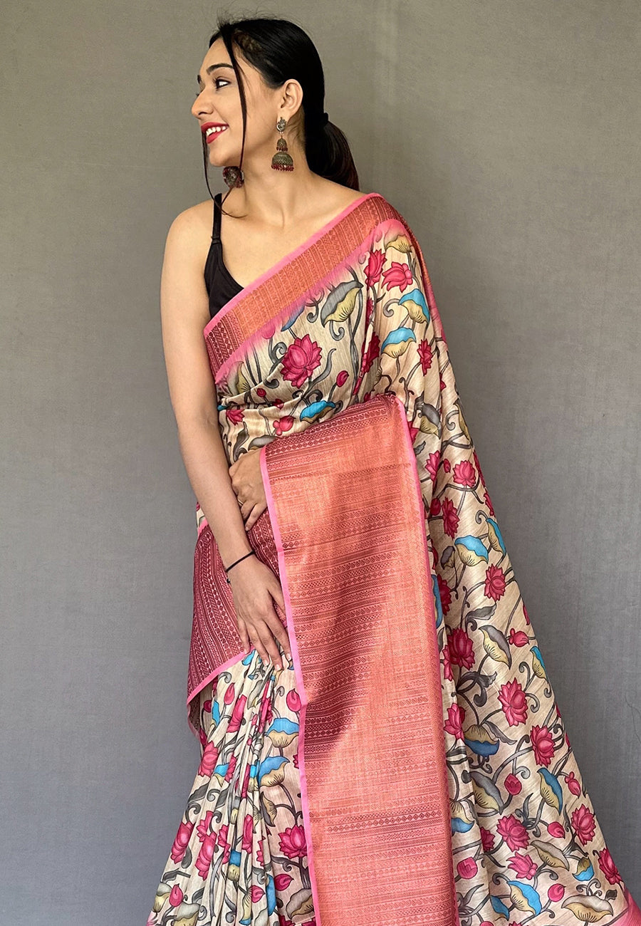 Geraldine Pink Zari Woven Cotton Kalamkari Digital Printed Saree