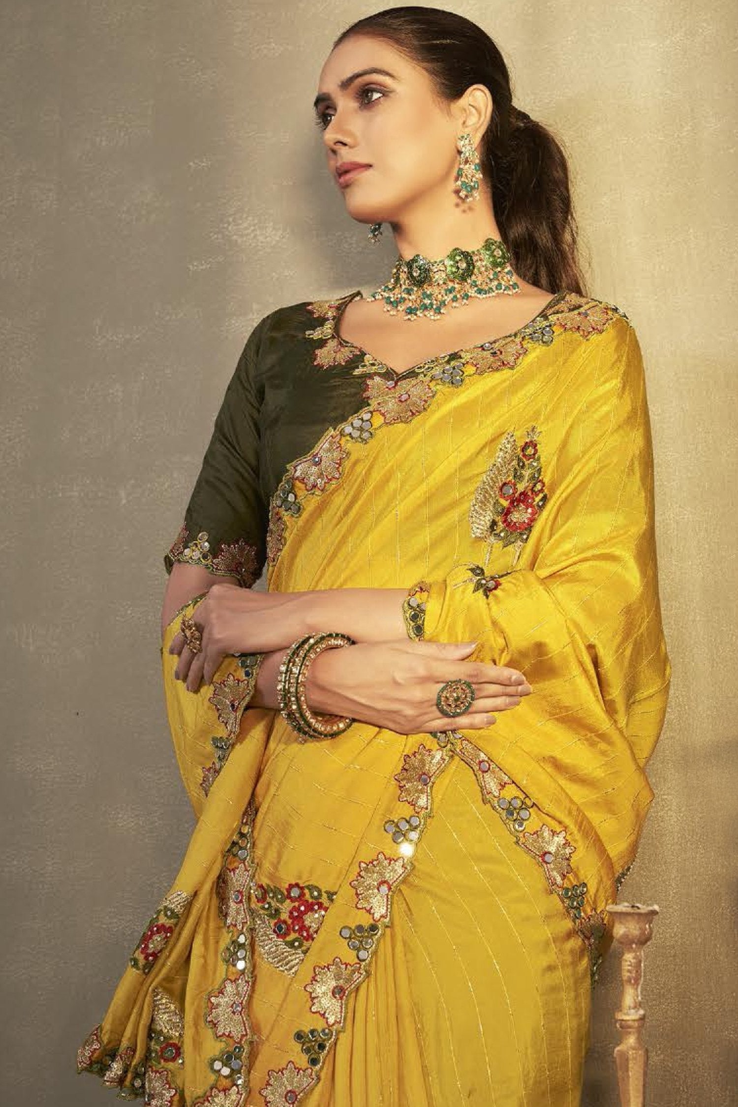 Sunset Pearl Yellow and Green Embroidered Silk Saree with Designer Blouse