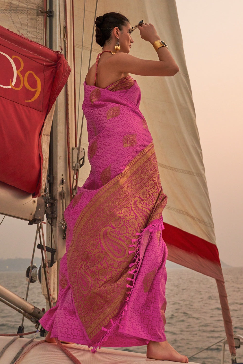 Rosy Pink Woven Satin Handloom Silk Saree