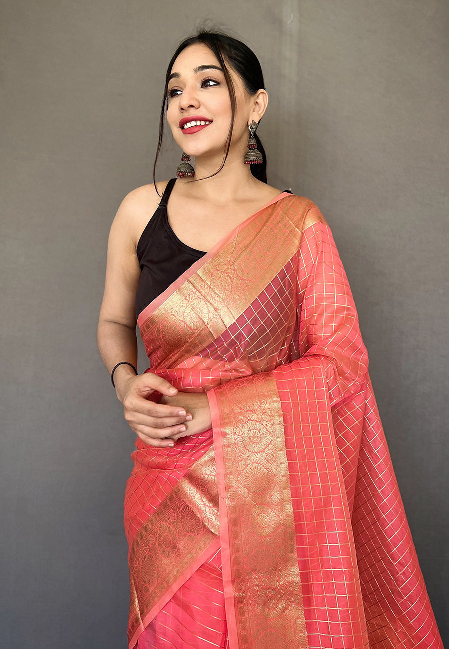 Froly Pink Zari Woven Organza Checks Saree