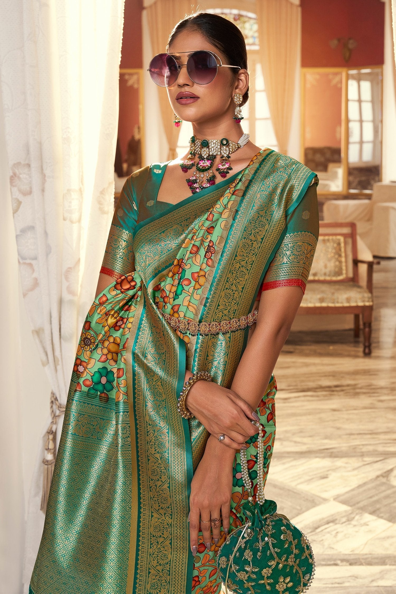 Battleship Green Digital Printed Banarasi Silk Saree