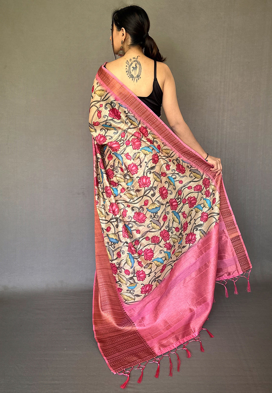 Geraldine Pink Zari Woven Cotton Kalamkari Digital Printed Saree