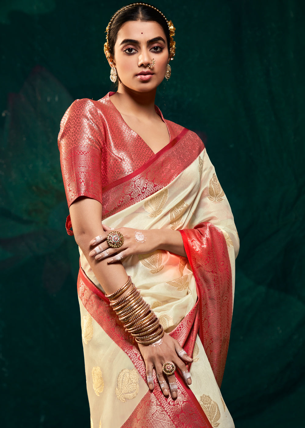 Stark Cream Woven Banarasi Organza Silk Saree