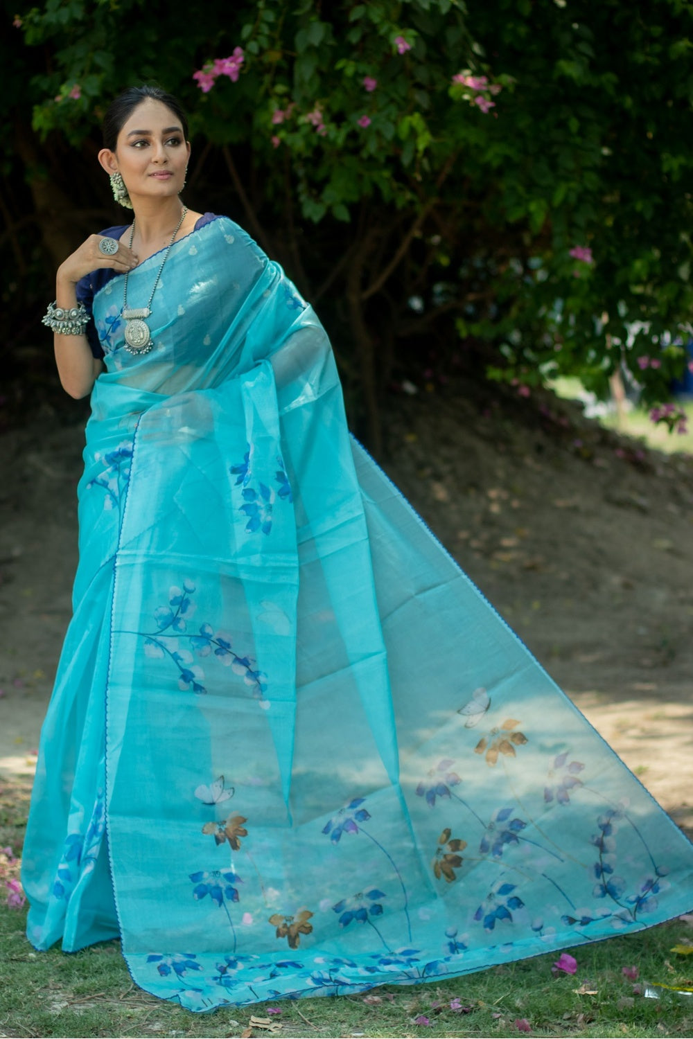 Moonstone Blue Floral Design Organza Printed Saree