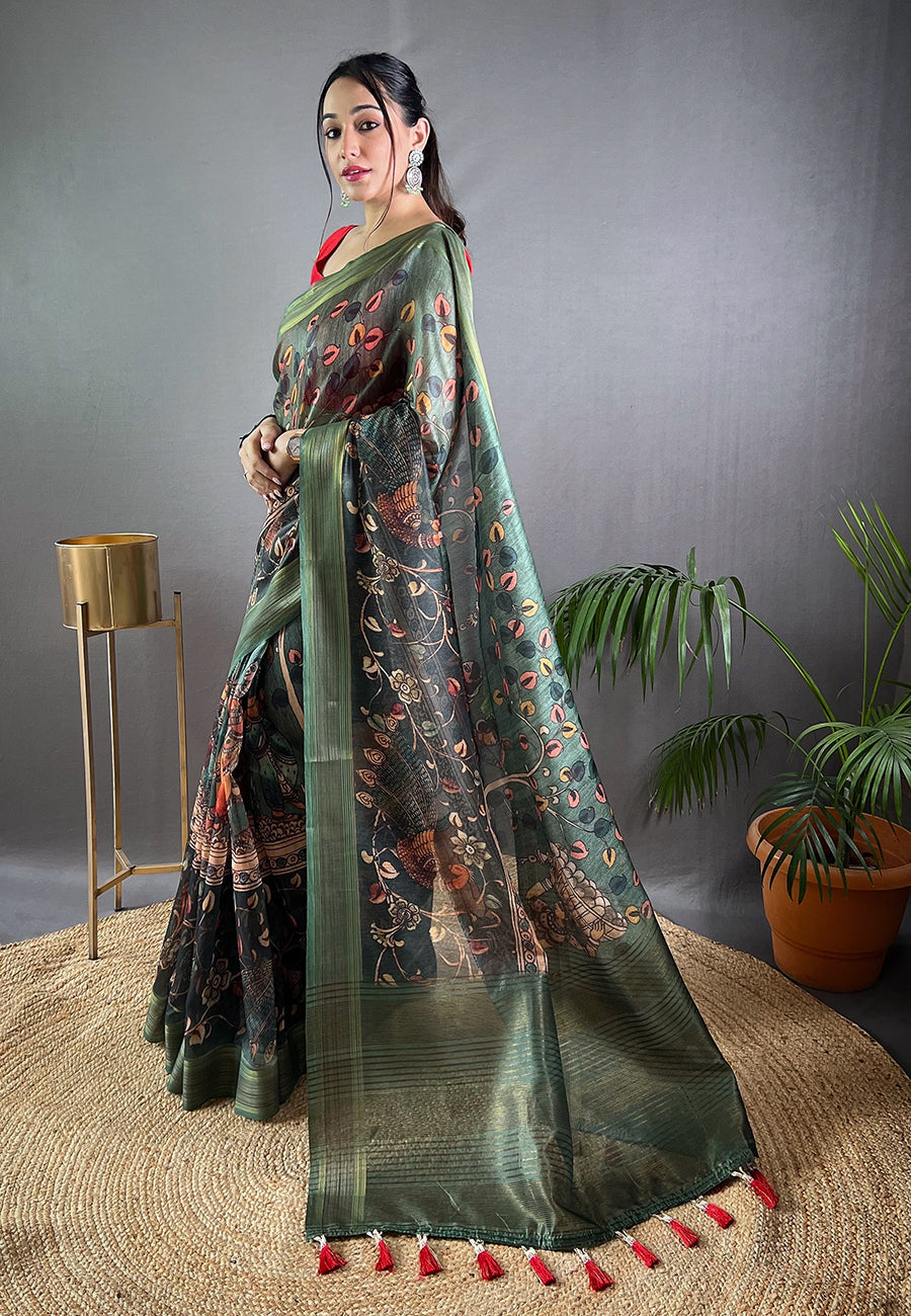 Finch Green Cotton Kalamkari Printed Saree