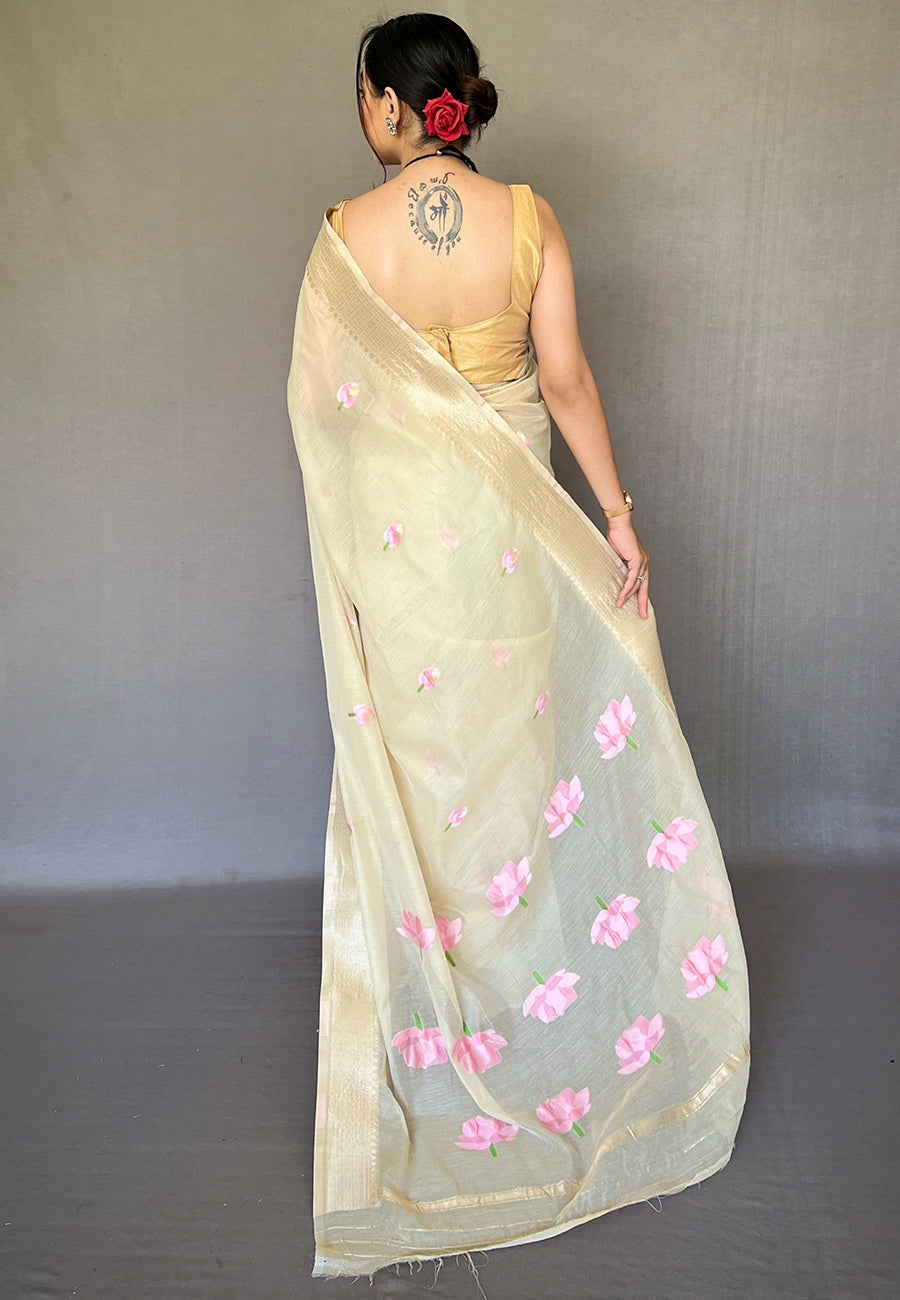 Sapling Cream Cotton Lotus Woven Silk Saree