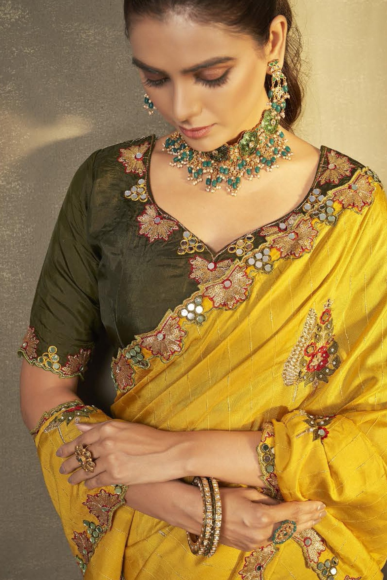 Sunset Pearl Yellow and Green Embroidered Silk Saree with Designer Blouse