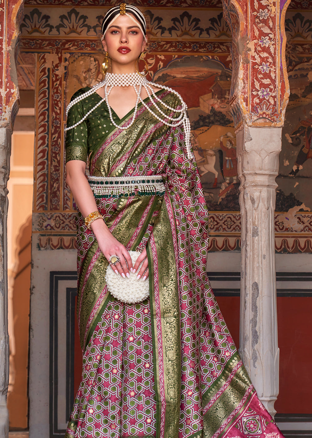 Contessa Pink and Green Printed Patola Soft Silk Saree