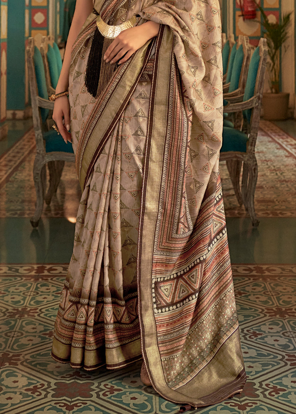 Muesli Brown Printed Patola Soft Silk Saree