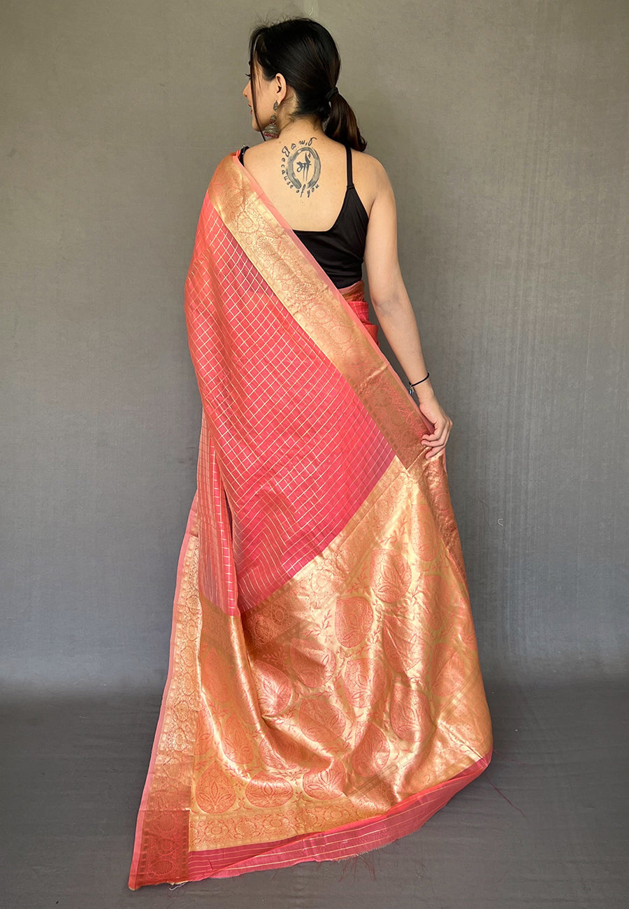 Froly Pink Zari Woven Organza Checks Saree