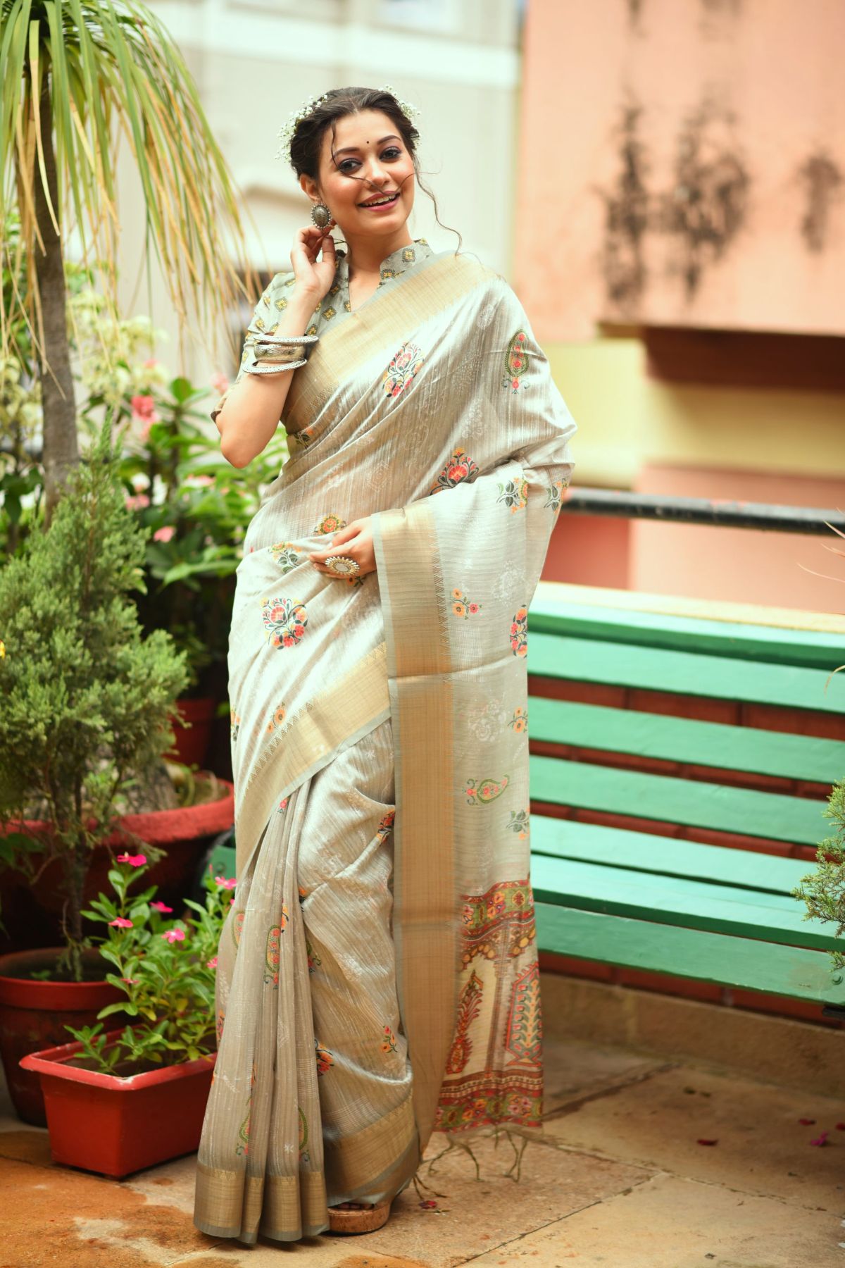 Tallow Grey Printed South Silk Saree