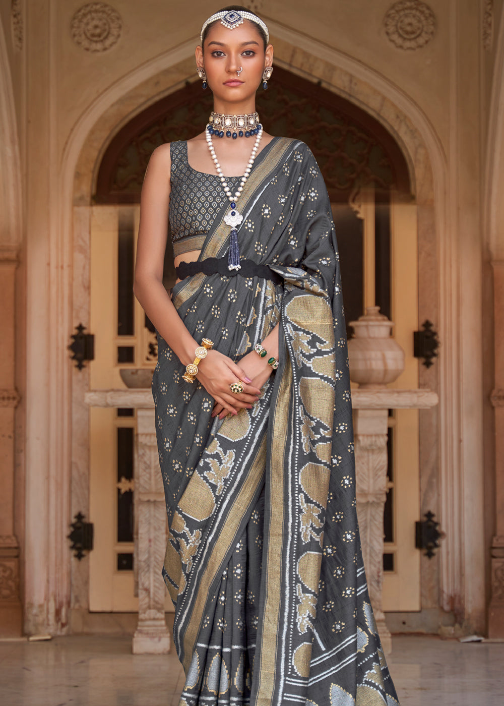 Scarpa Flow Grey Woven Banarasi Soft Silk Saree