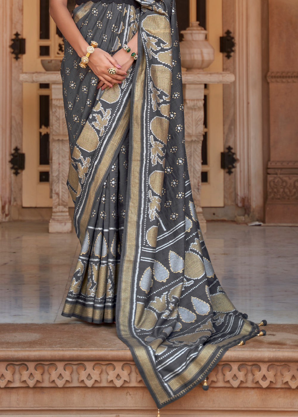 Scarpa Flow Grey Woven Banarasi Soft Silk Saree