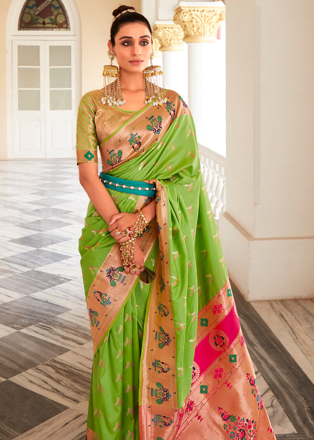 Parrot Green and Pink Zari Woven Paithani Silk Saree