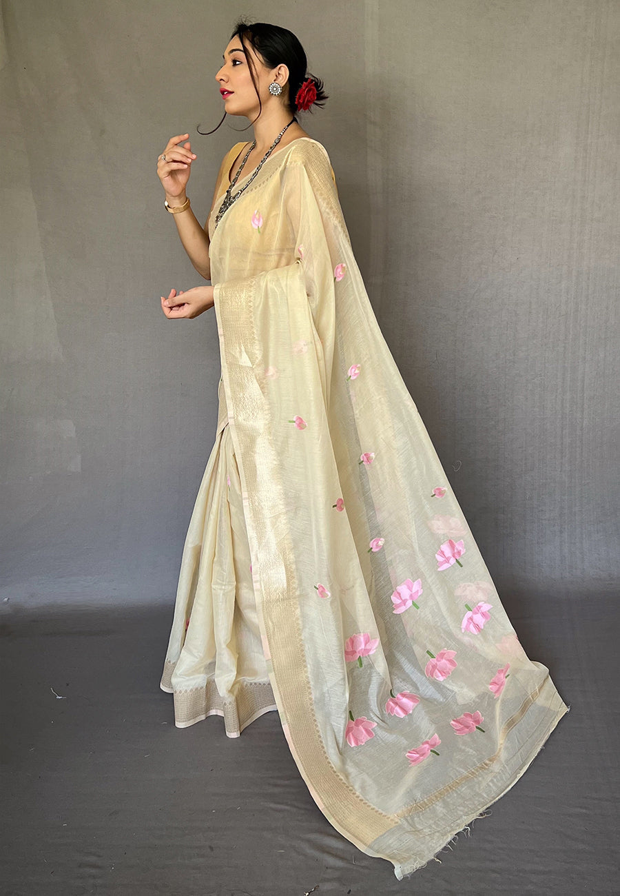 Sapling Cream Cotton Lotus Woven Silk Saree