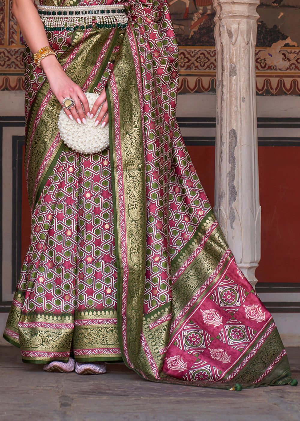 Contessa Pink and Green Printed Patola Soft Silk Saree