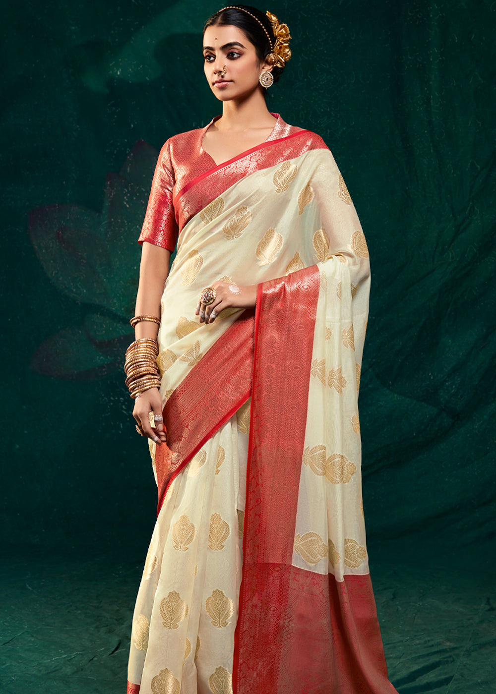 Stark Cream Woven Banarasi Organza Silk Saree