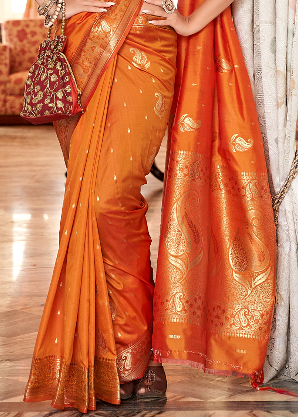 Jaffa Orange Woven Banarasi Soft Silk Saree