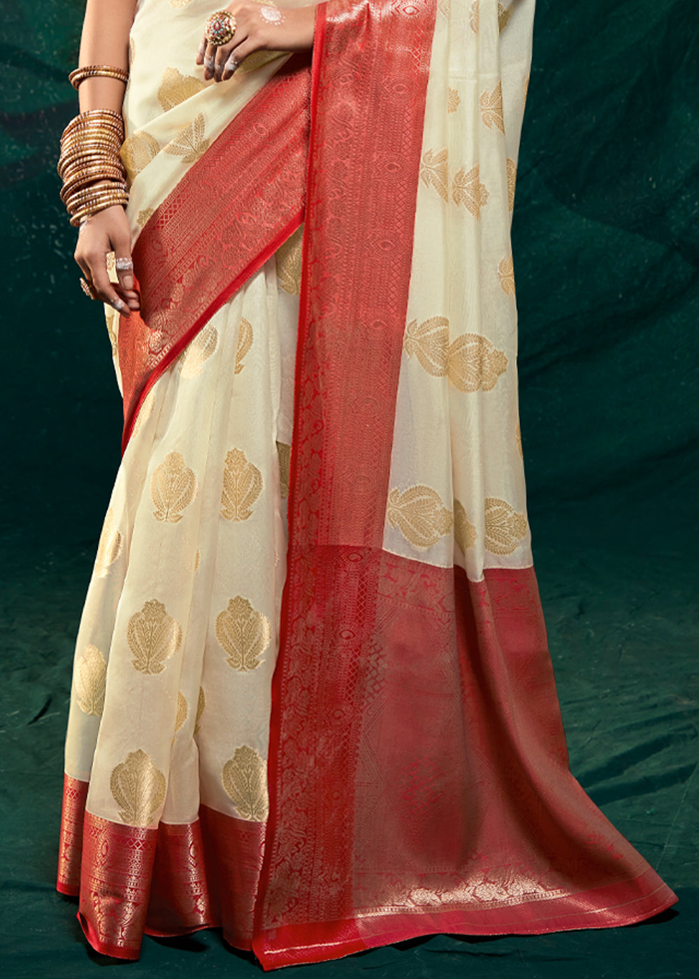 Stark Cream Woven Banarasi Organza Silk Saree