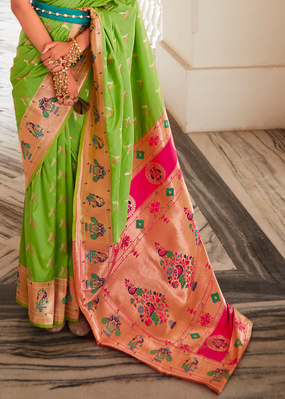 Parrot Green and Pink Zari Woven Paithani Silk Saree