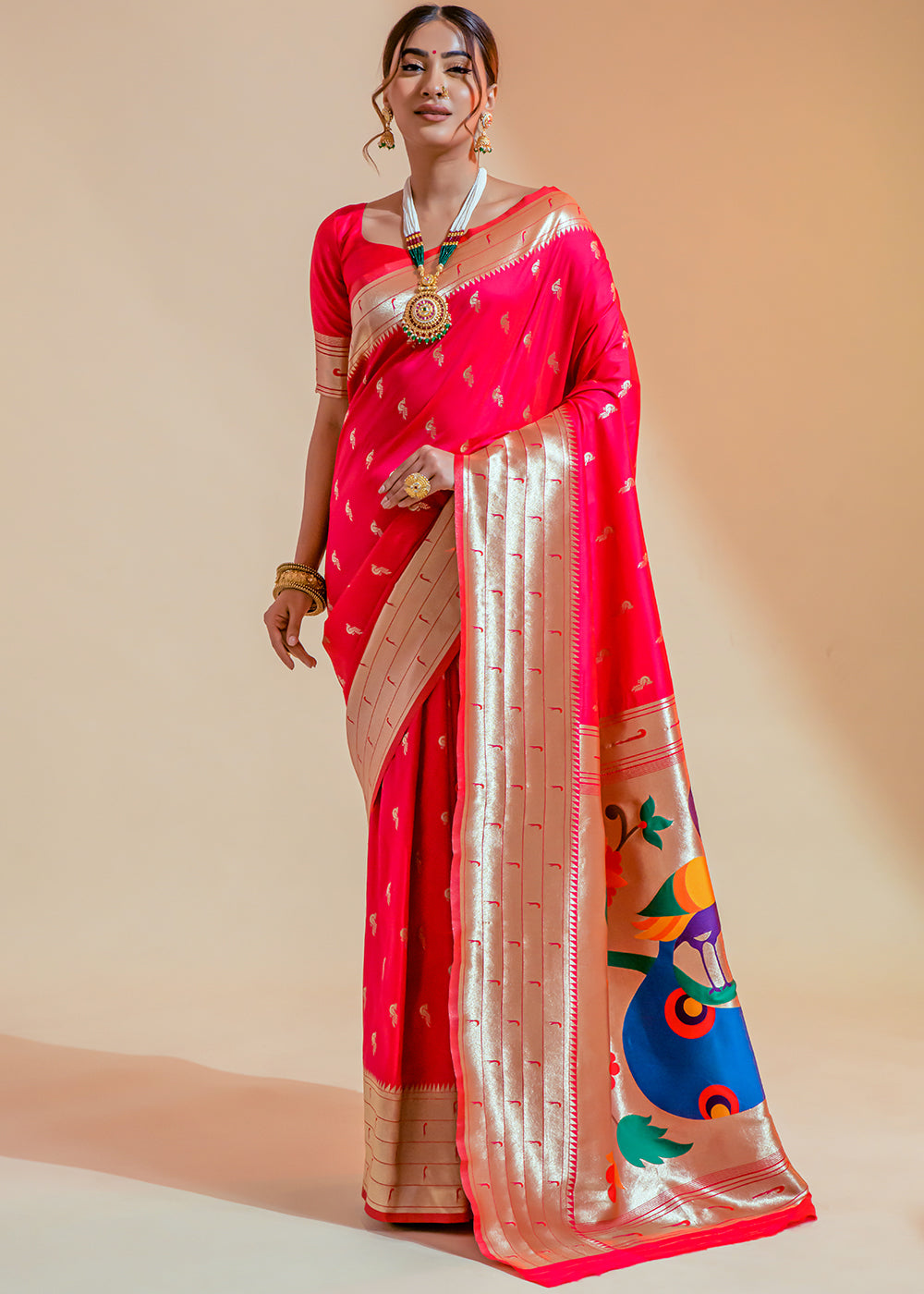 Scarlet Pink Woven Paithani Silk Saree