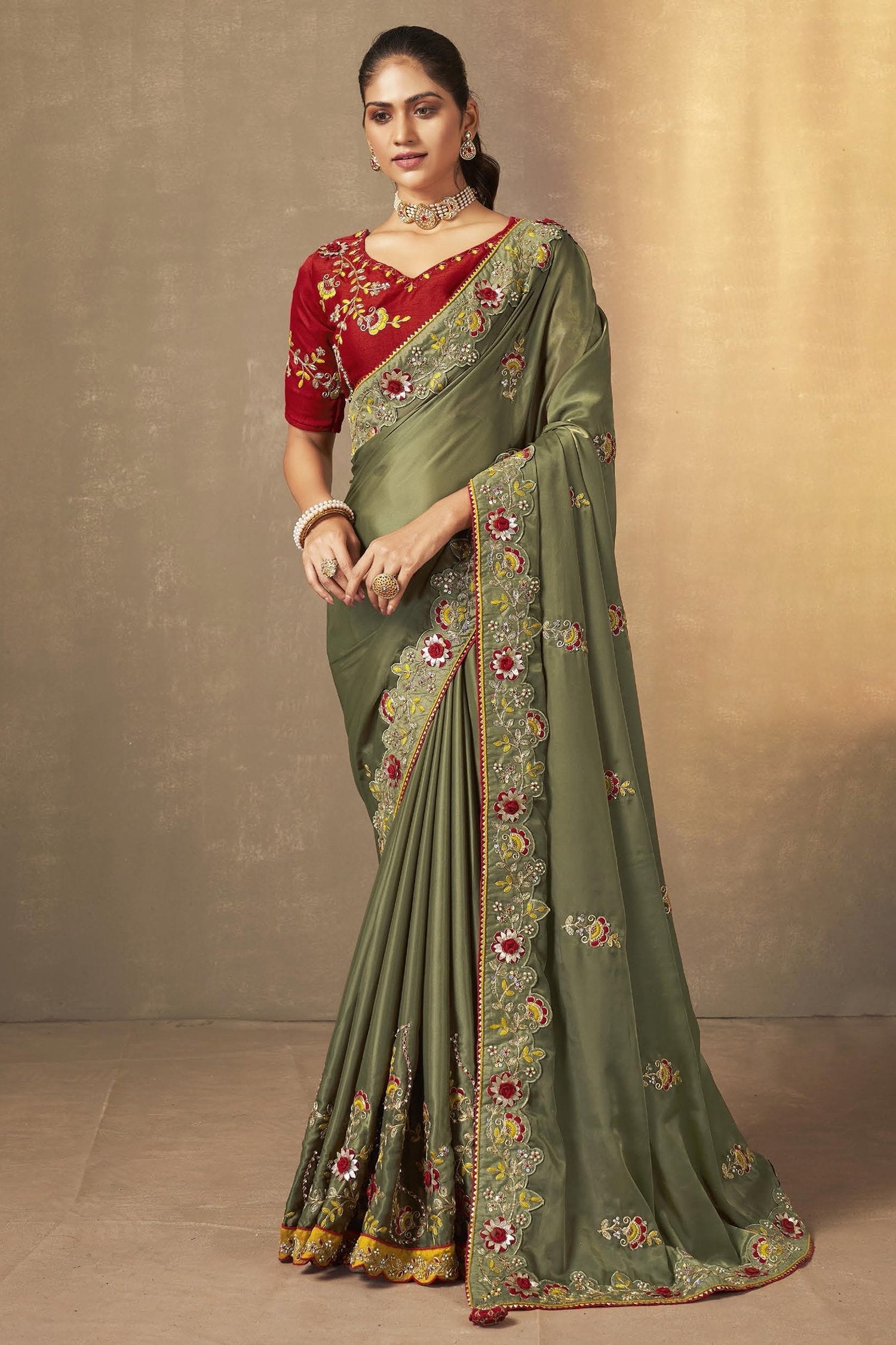 Hemlock Green and Maroon Embroidered Silk Saree with Designer Blouse