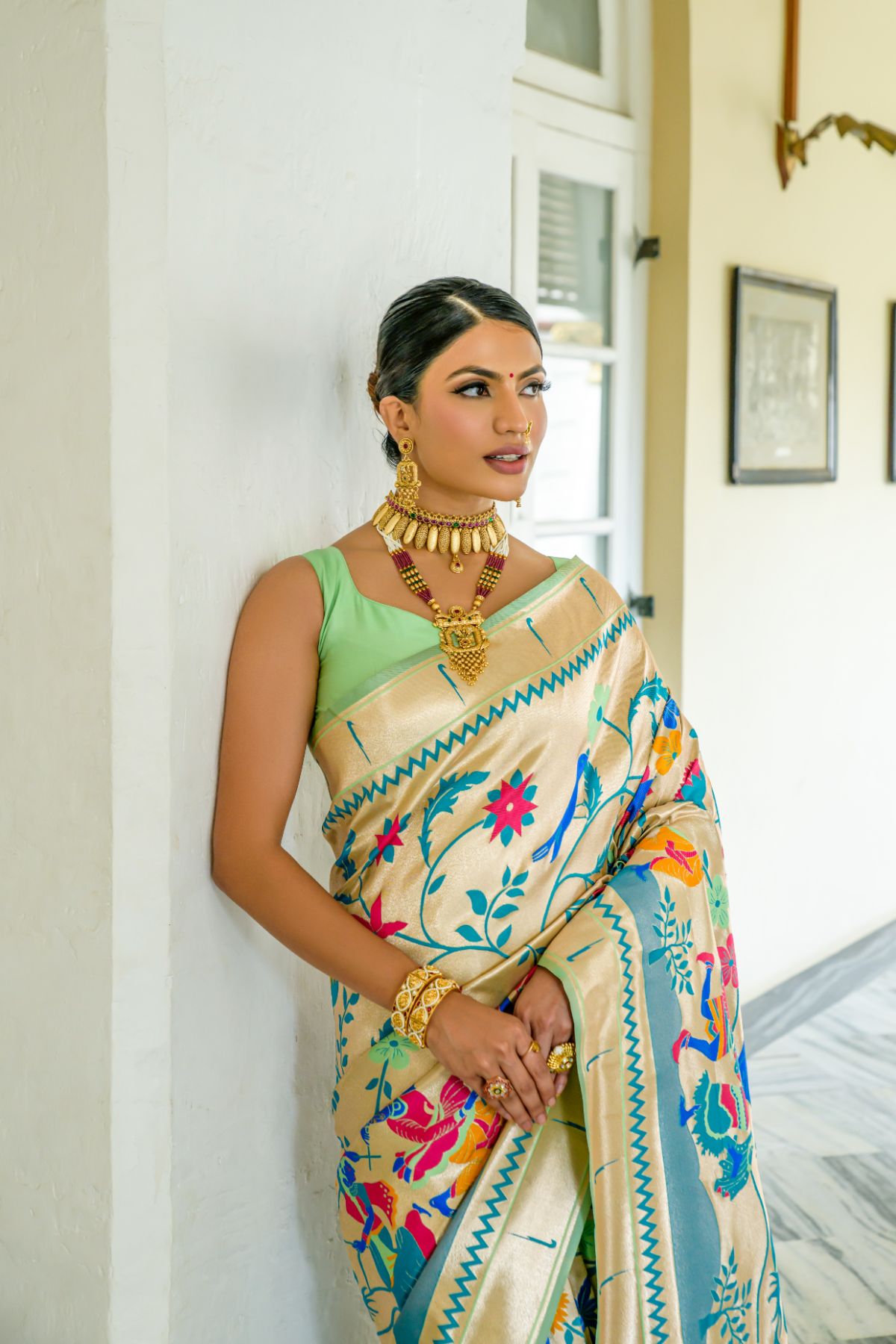 Breaker Bay Green Woven Paithani Silk Saree