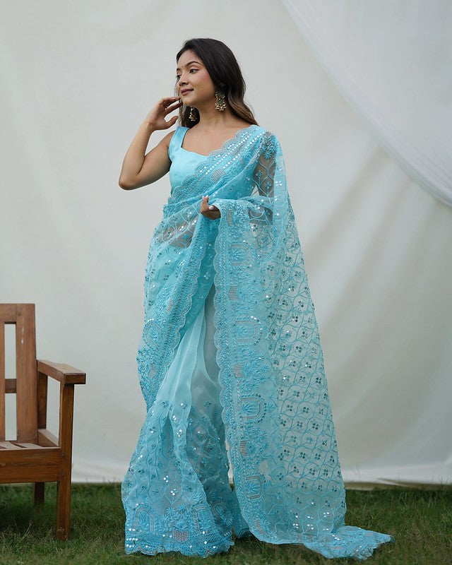 Horizon Blue Designer Organza saree with Sequence Work