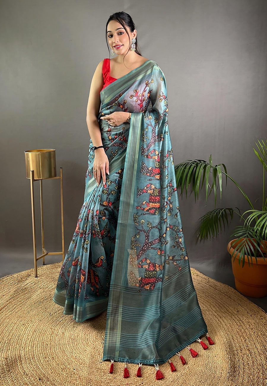 Edgewater Blue Cotton Kalamkari Printed Saree