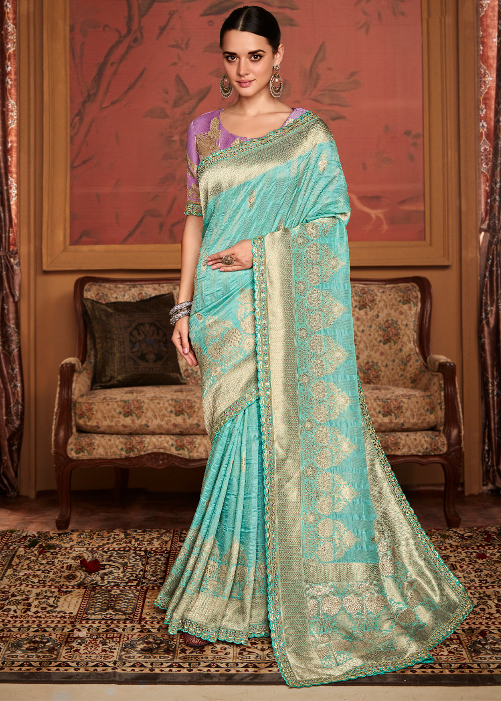 Sinbad Blue Woven Banarasi Designer Silk Saree With Embroidered Blouse