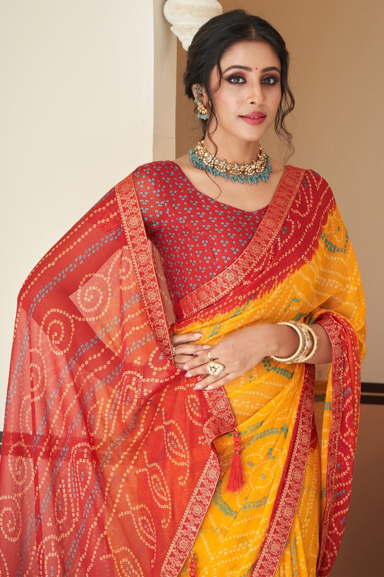 Zest Yellow Chiffon Bandhani saree