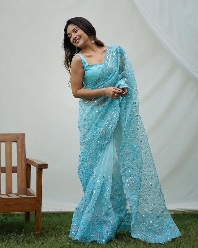 Horizon Blue Designer Organza saree with Sequence Work