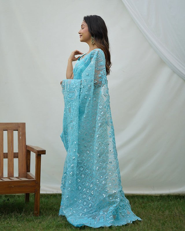 Horizon Blue Designer Organza saree with Sequence Work