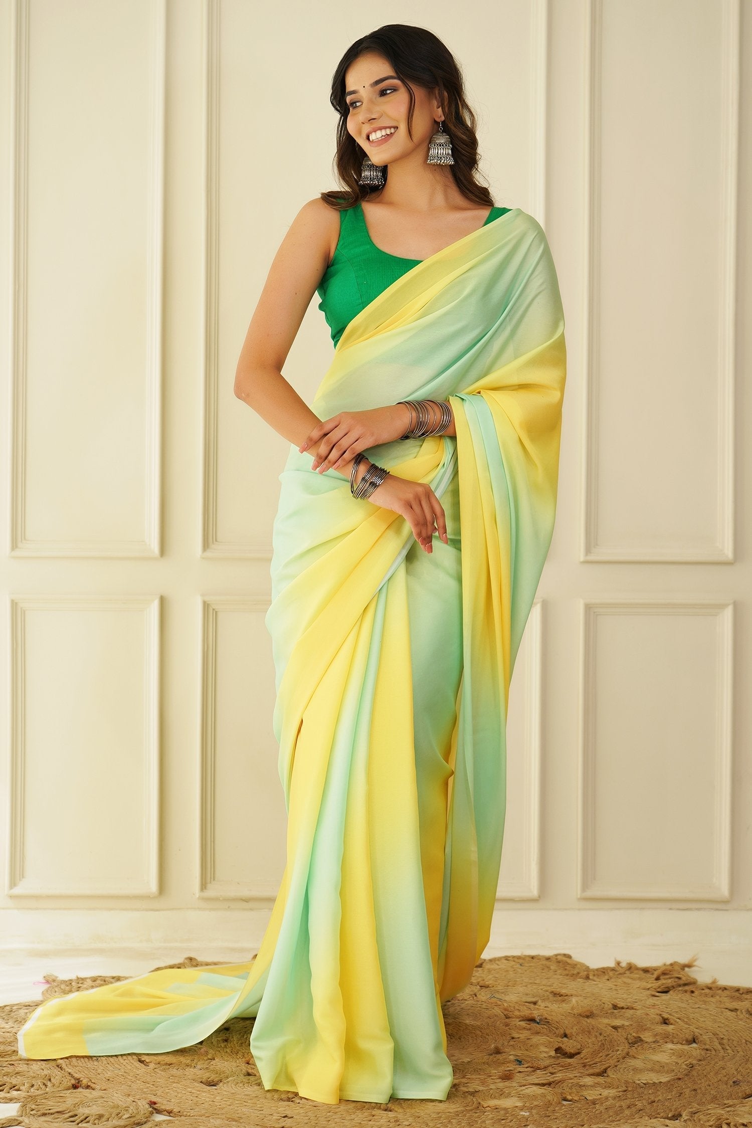 Cream Can Yellow and Green Crepe Silk Georgette Saree