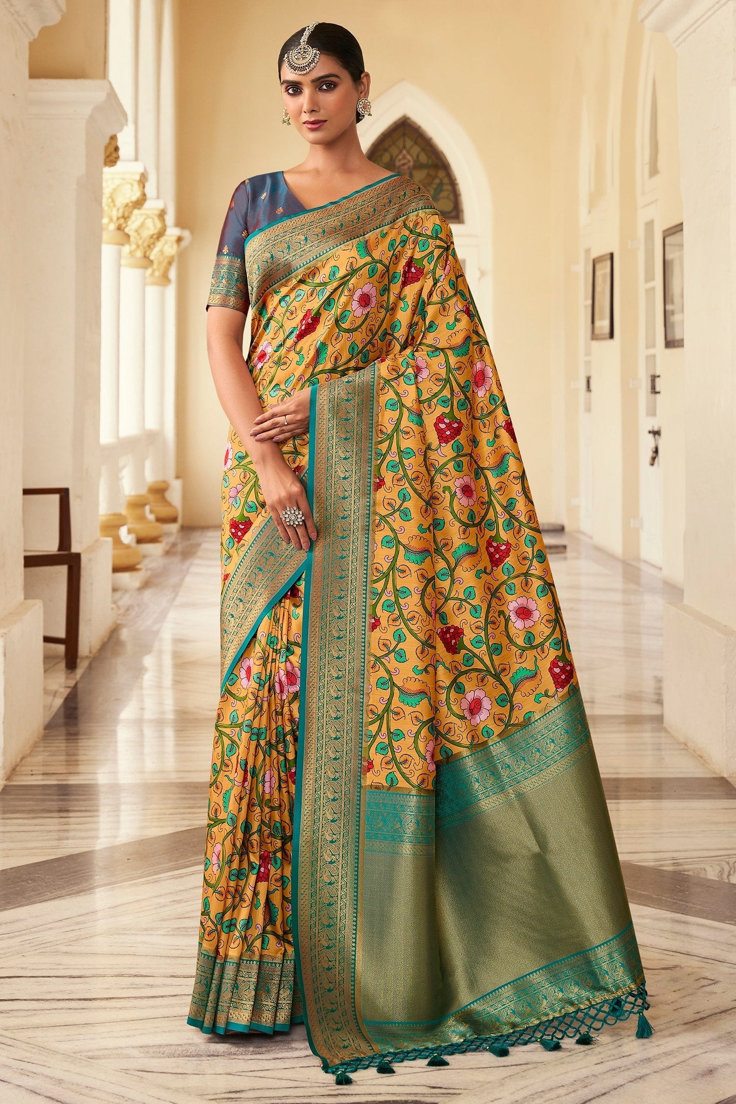 Brulee Yellow Digital Printed Banarasi Silk Saree