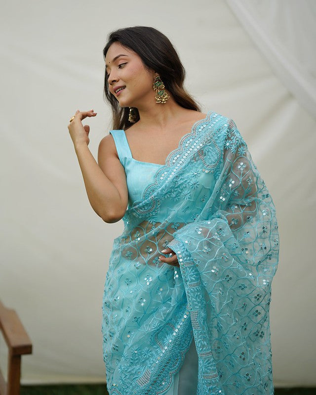 Horizon Blue Designer Organza saree with Sequence Work