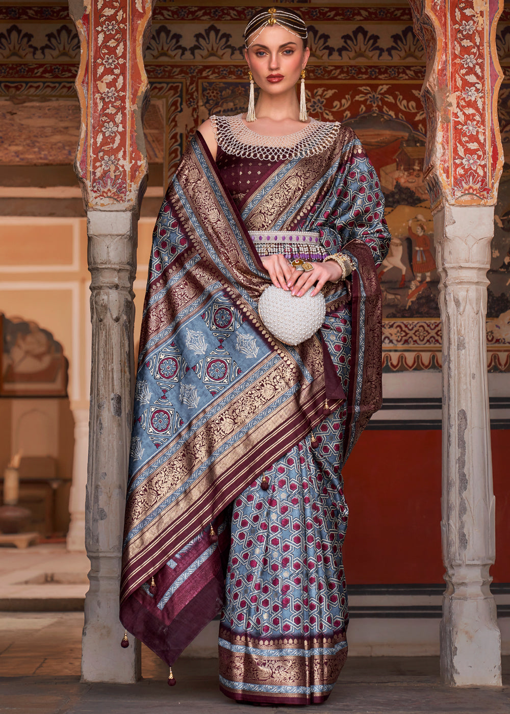 Cadet Blue Printed Patola Soft Silk Saree