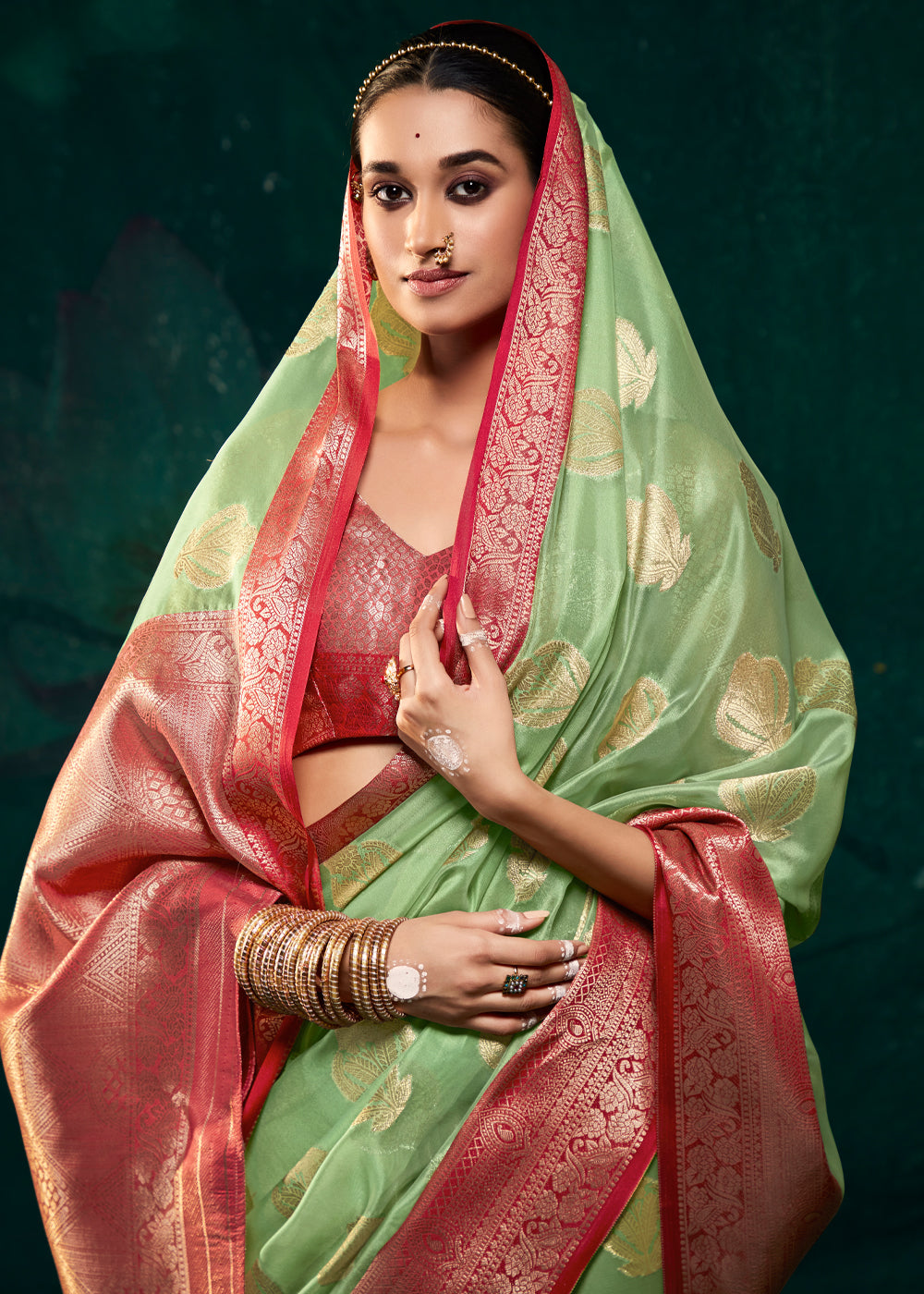 Olivine Green Woven Banarasi Organza Silk Saree