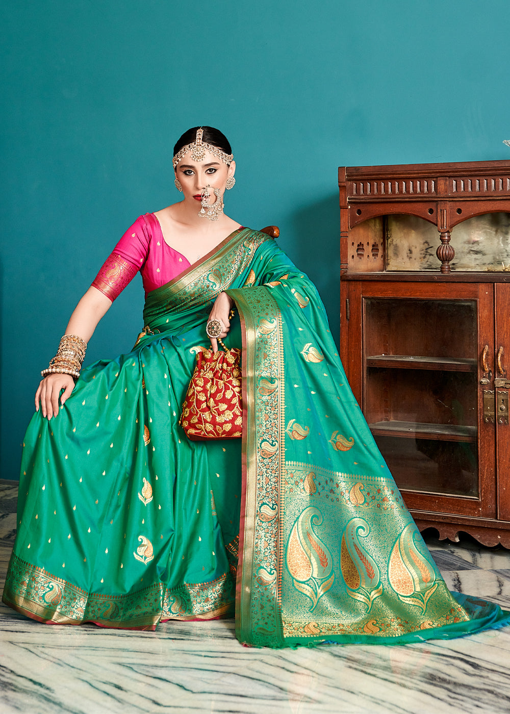 Jewel Green Woven Banarasi Soft Silk Saree