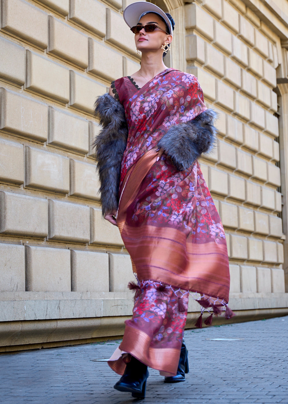 Puce Purple Organza Printed Satin Silk Saree