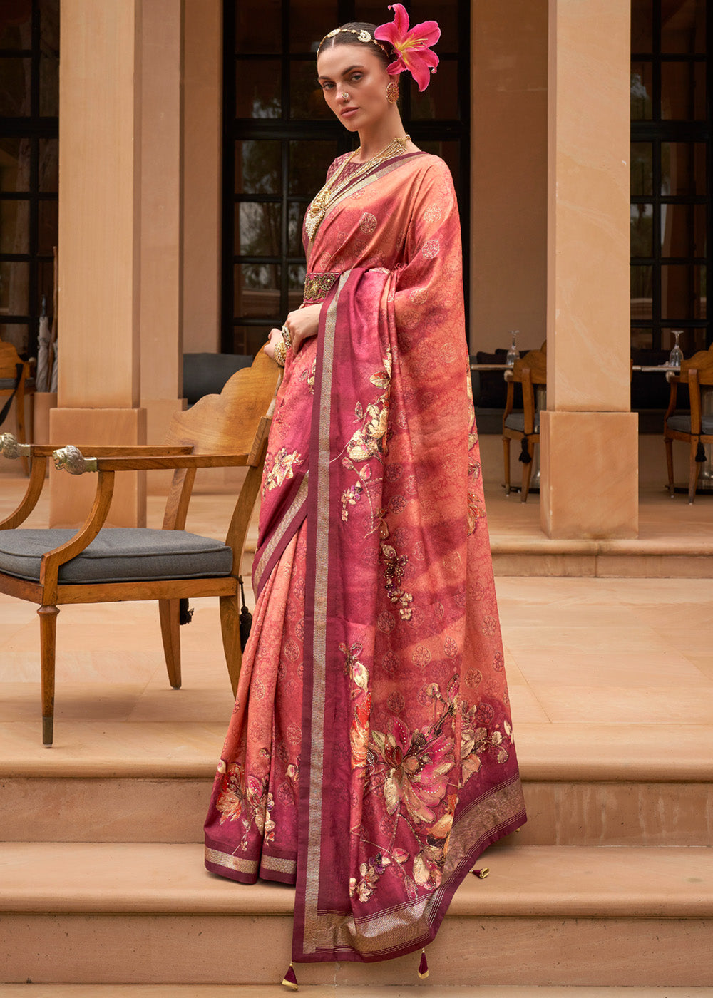 Carnation Pink Printed Patola Soft Silk Saree