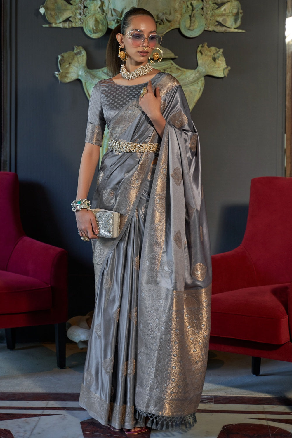 Abbey Grey Woven Banarasi Silk Saree