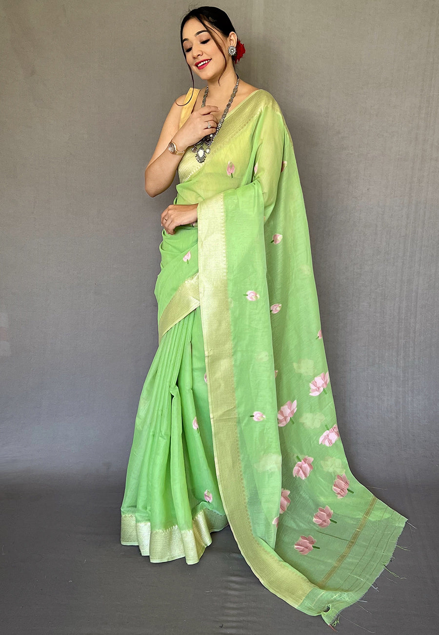 Gossip Green Cotton Lotus Woven Silk Saree