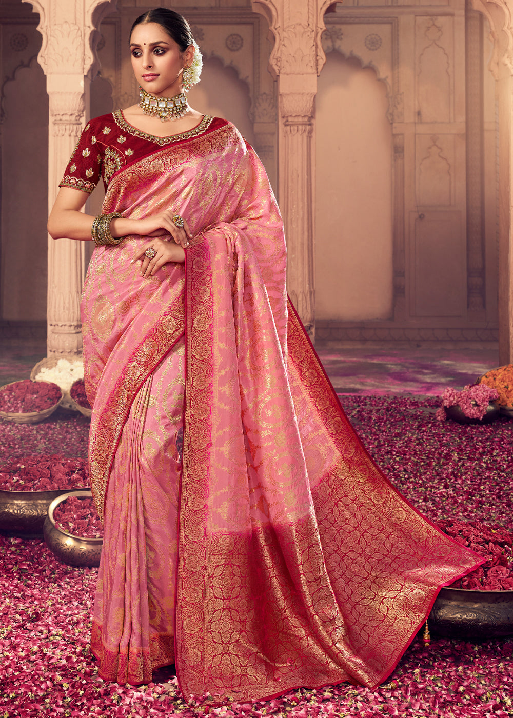 Apricot Pink and Brown Zari Woven Designer Banarasi Saree