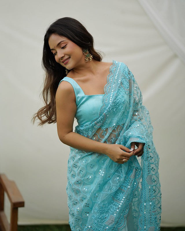 Horizon Blue Designer Organza saree with Sequence Work